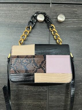 Designer-Inspired Patchwork Crossbody Bag in Black, Beige & Pink